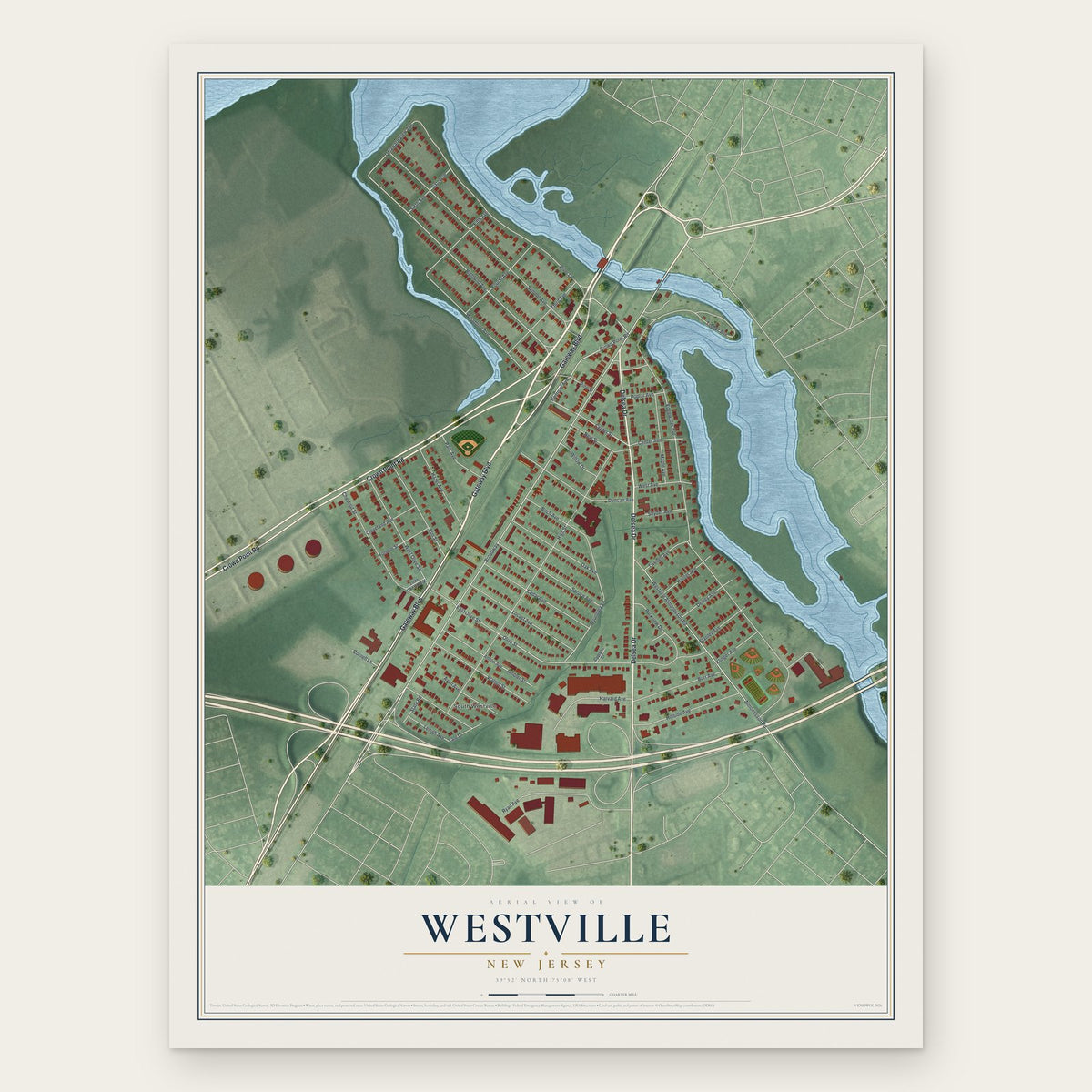 Westville, New Jersey map print, the full design