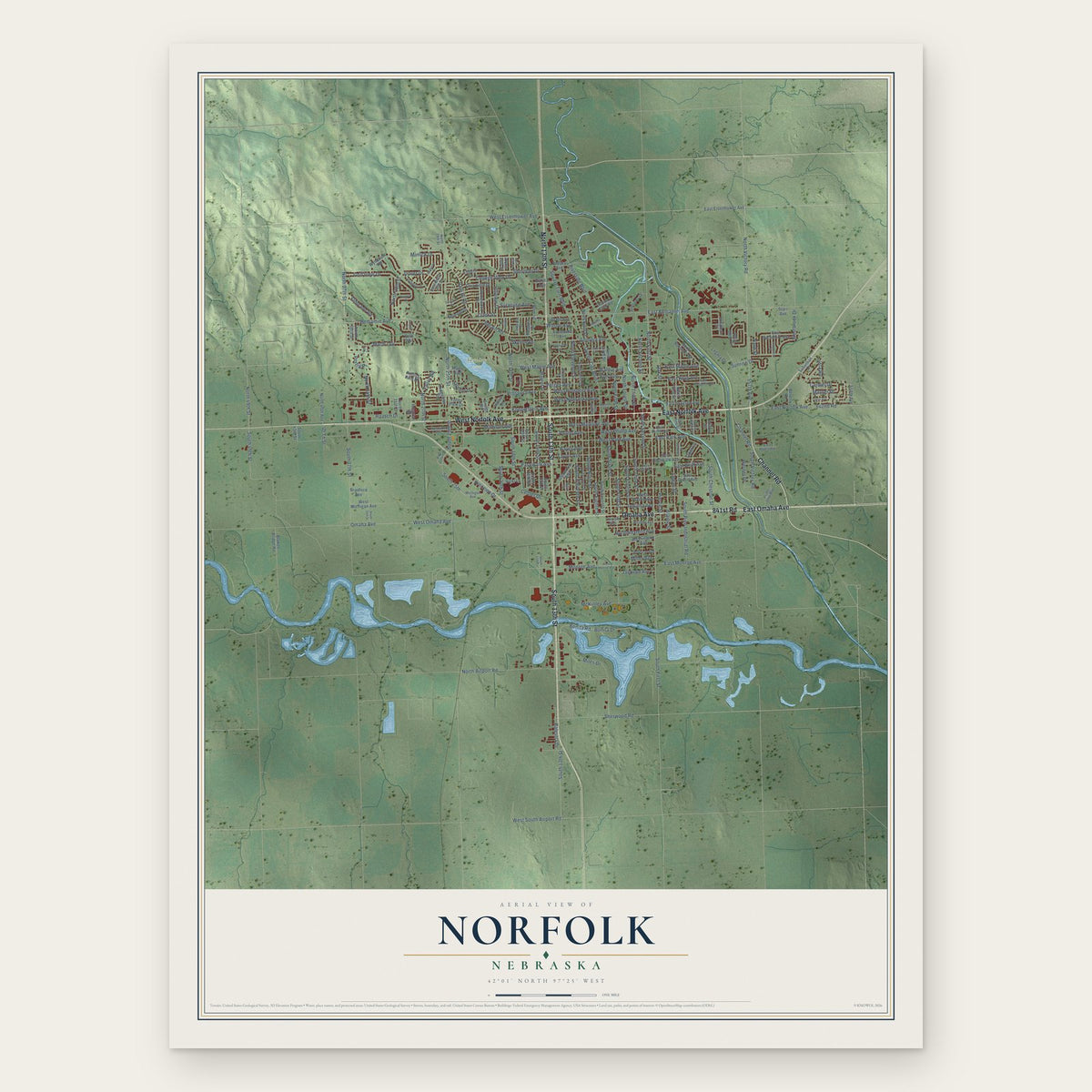 Norfolk, Nebraska map print, the full design