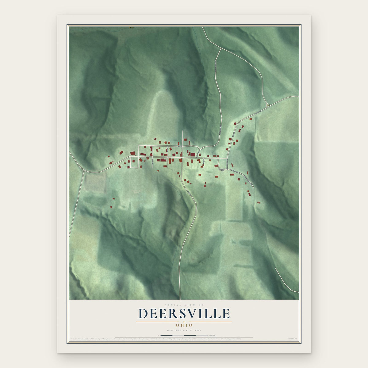 Deersville, Ohio map print, the full design