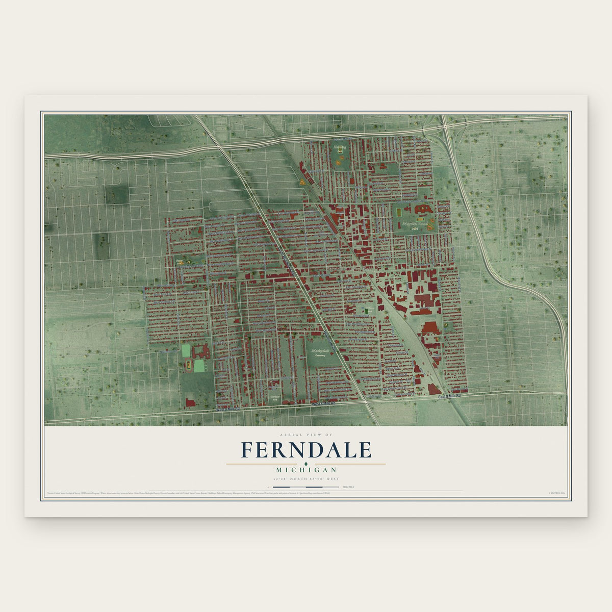 Ferndale, Michigan map print, the full design