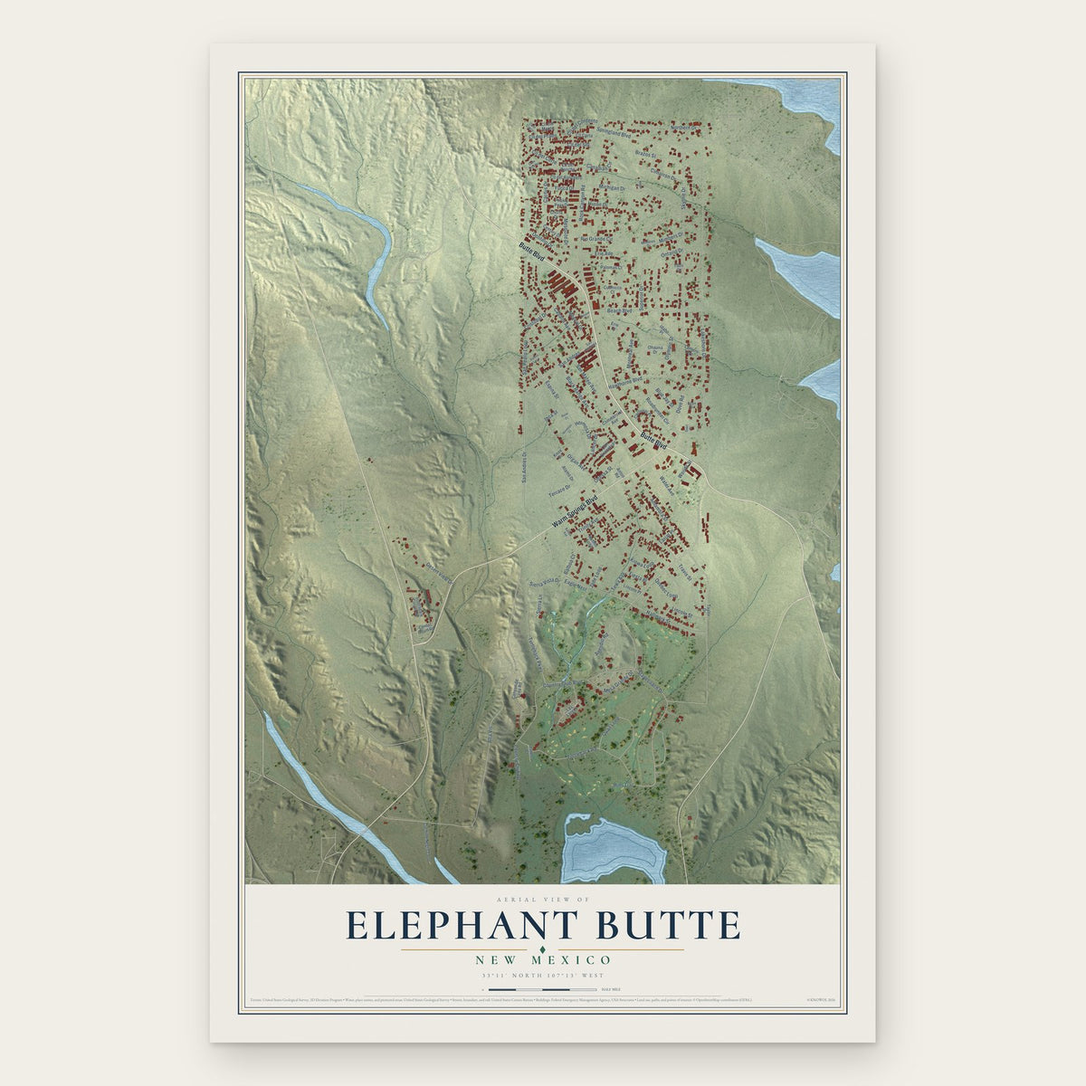 Elephant Butte, New Mexico map print, the full design
