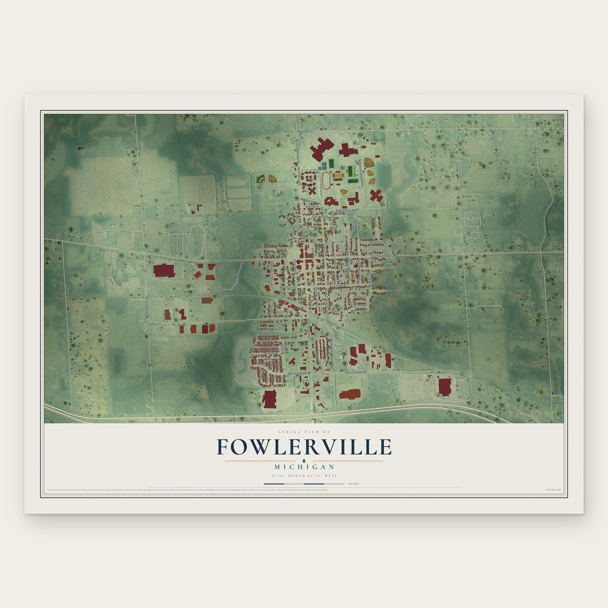 Fowlerville, Michigan map print, the full design