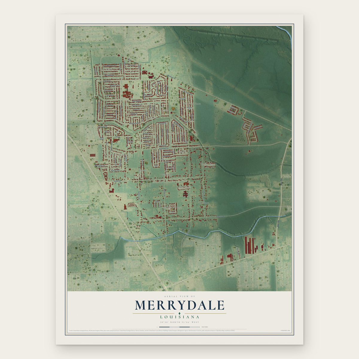Merrydale, Louisiana map print, the full design