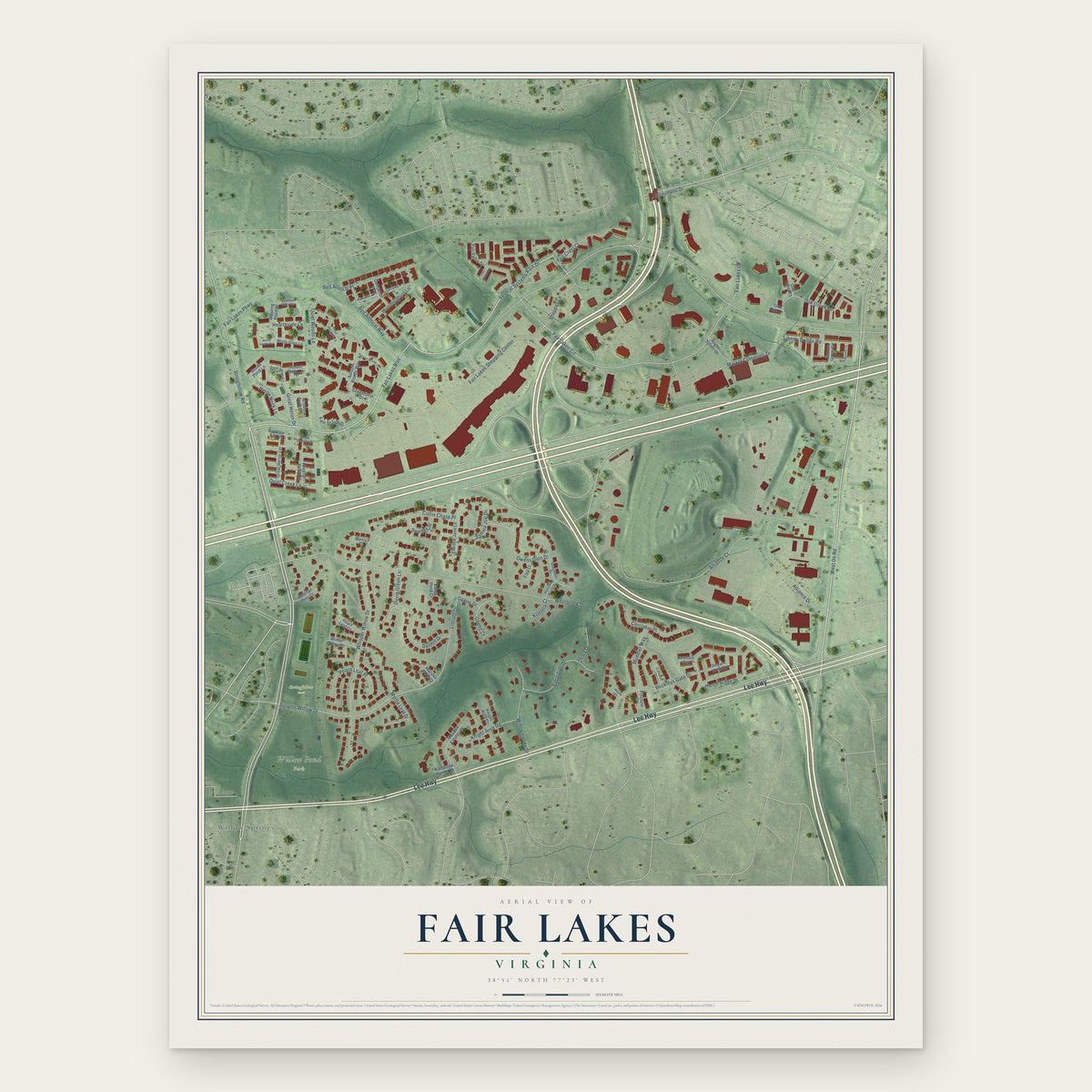 Fair Lakes, Virginia map print, the full design