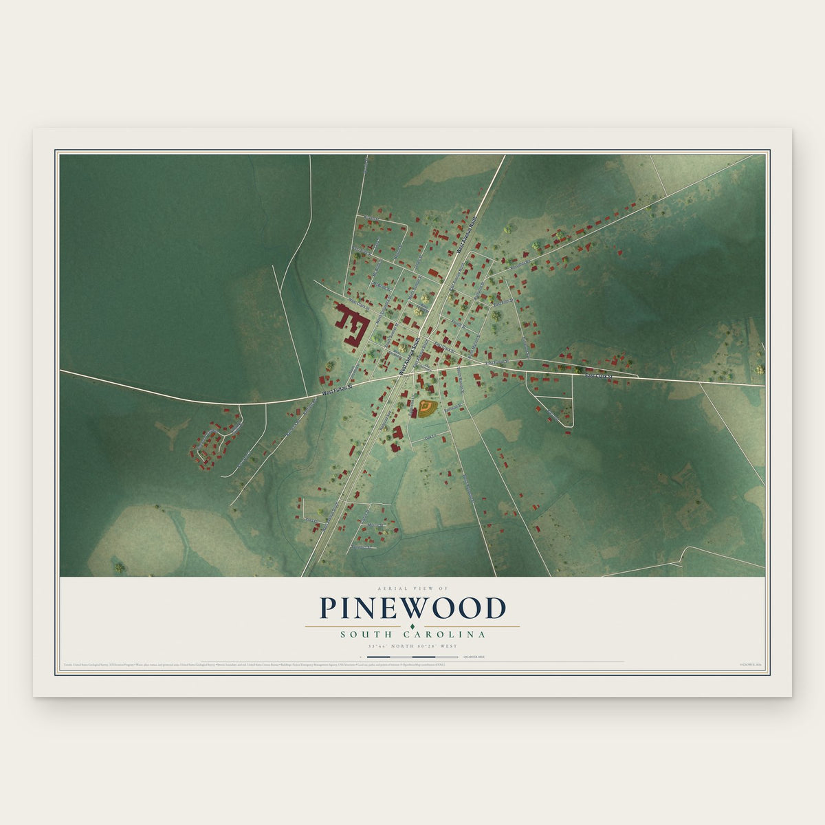 Pinewood, South Carolina map print, the full design