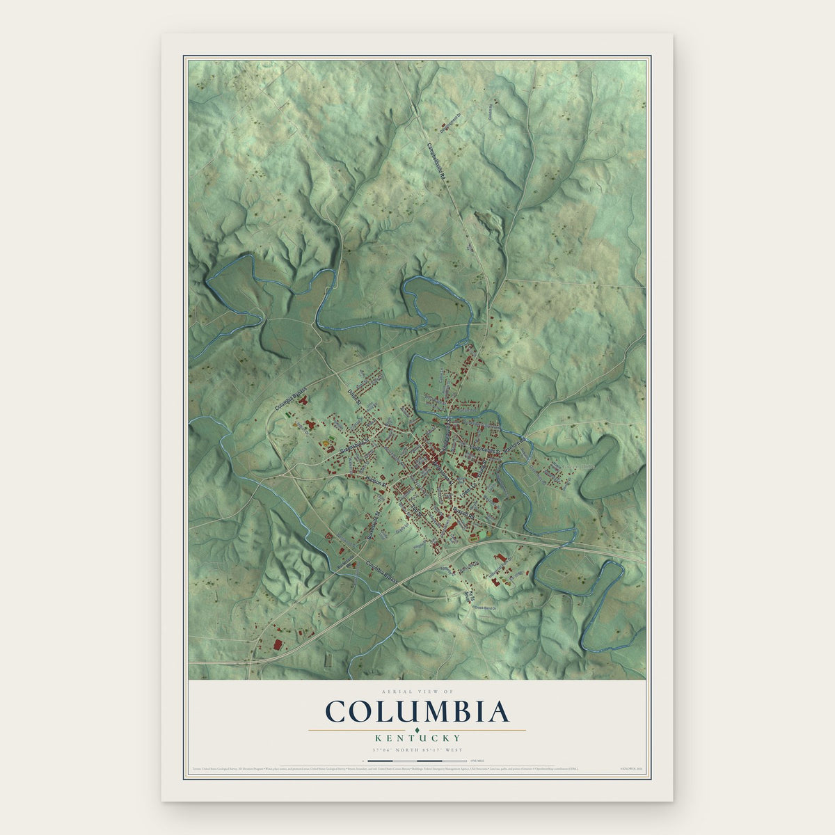 Columbia, Kentucky map print, the full design