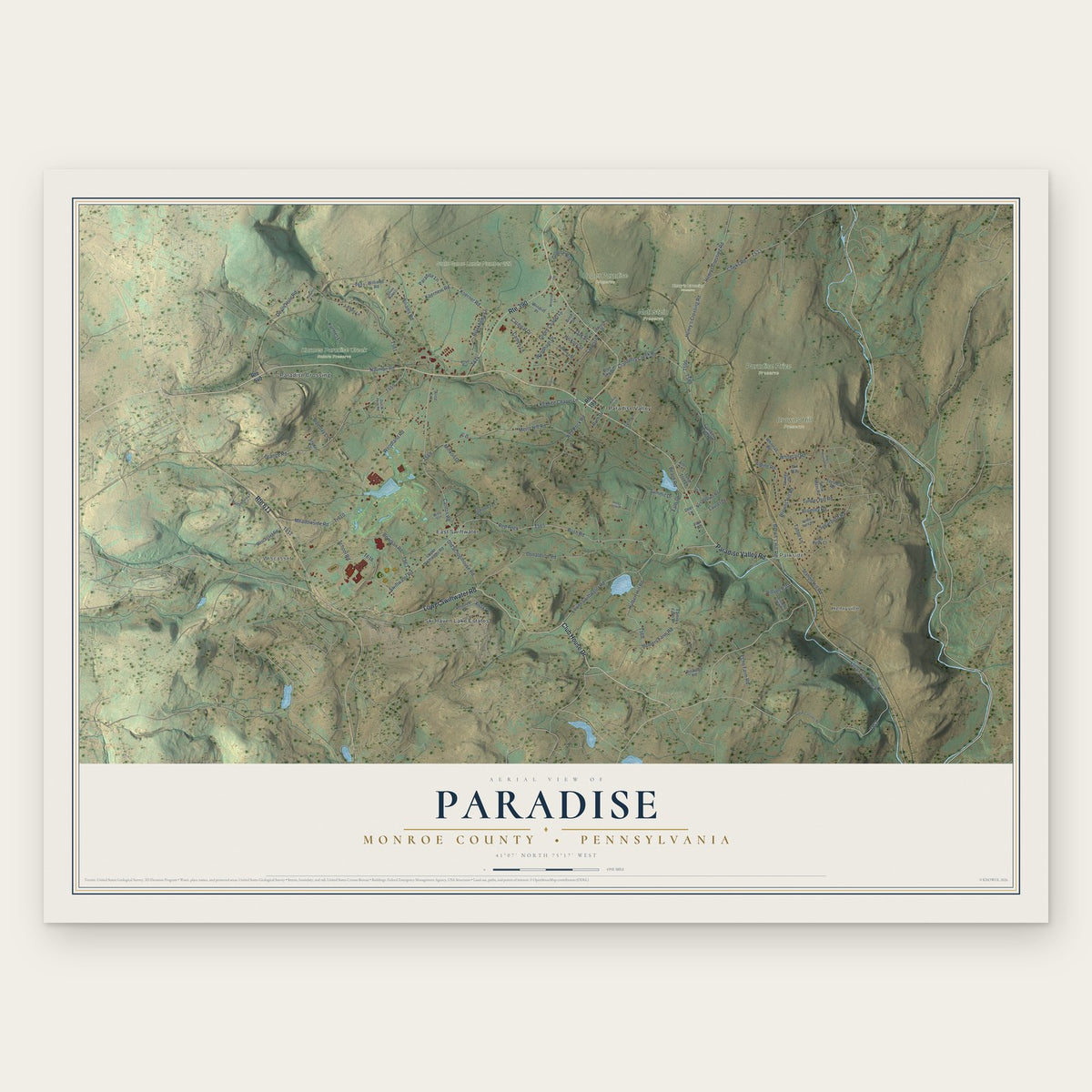 Paradise, Monroe County, Pennsylvania map print, the full design