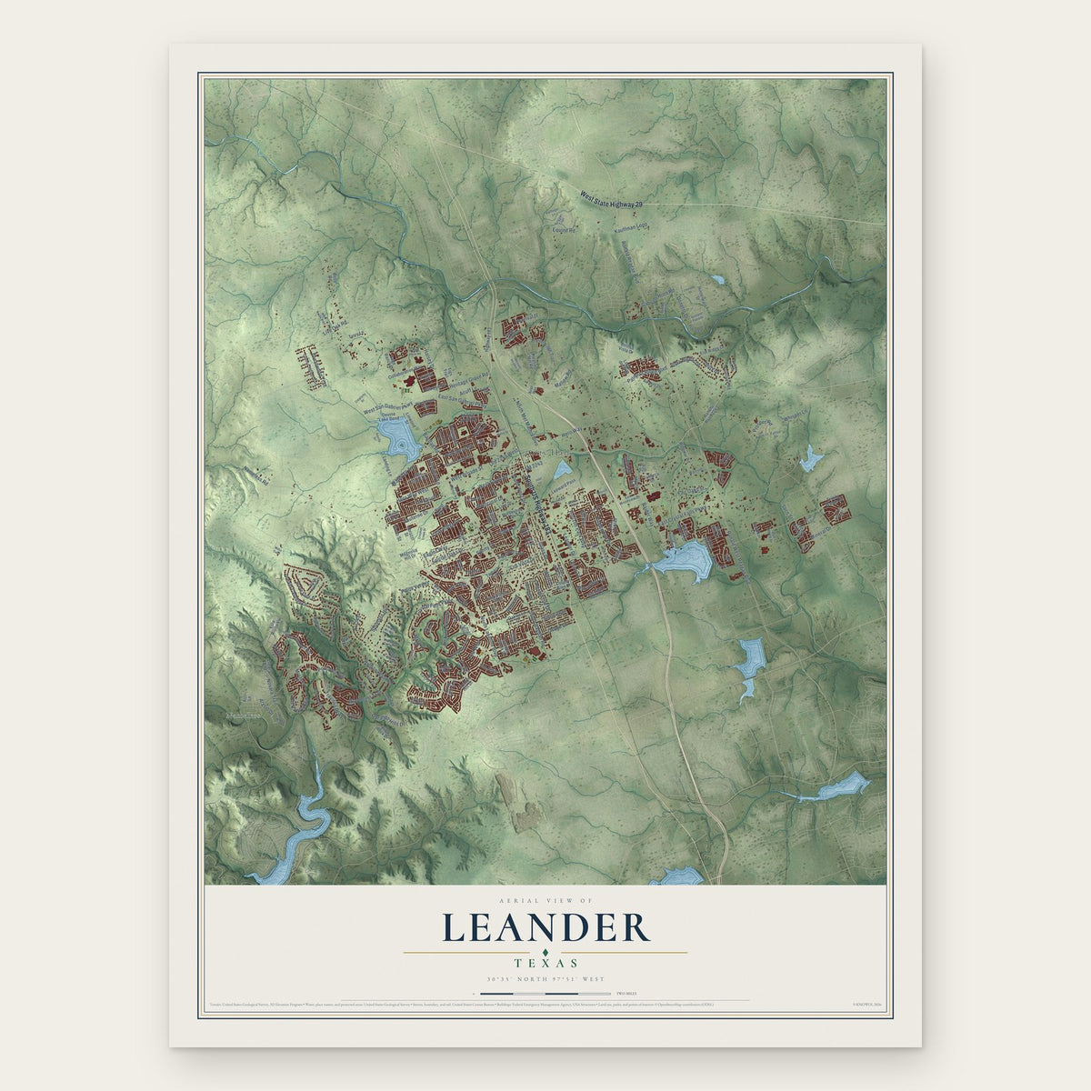 Leander, Texas map print, the full design