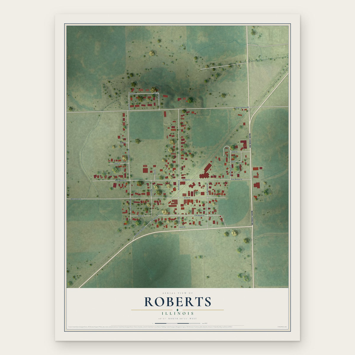 Roberts, Illinois map print, the full design