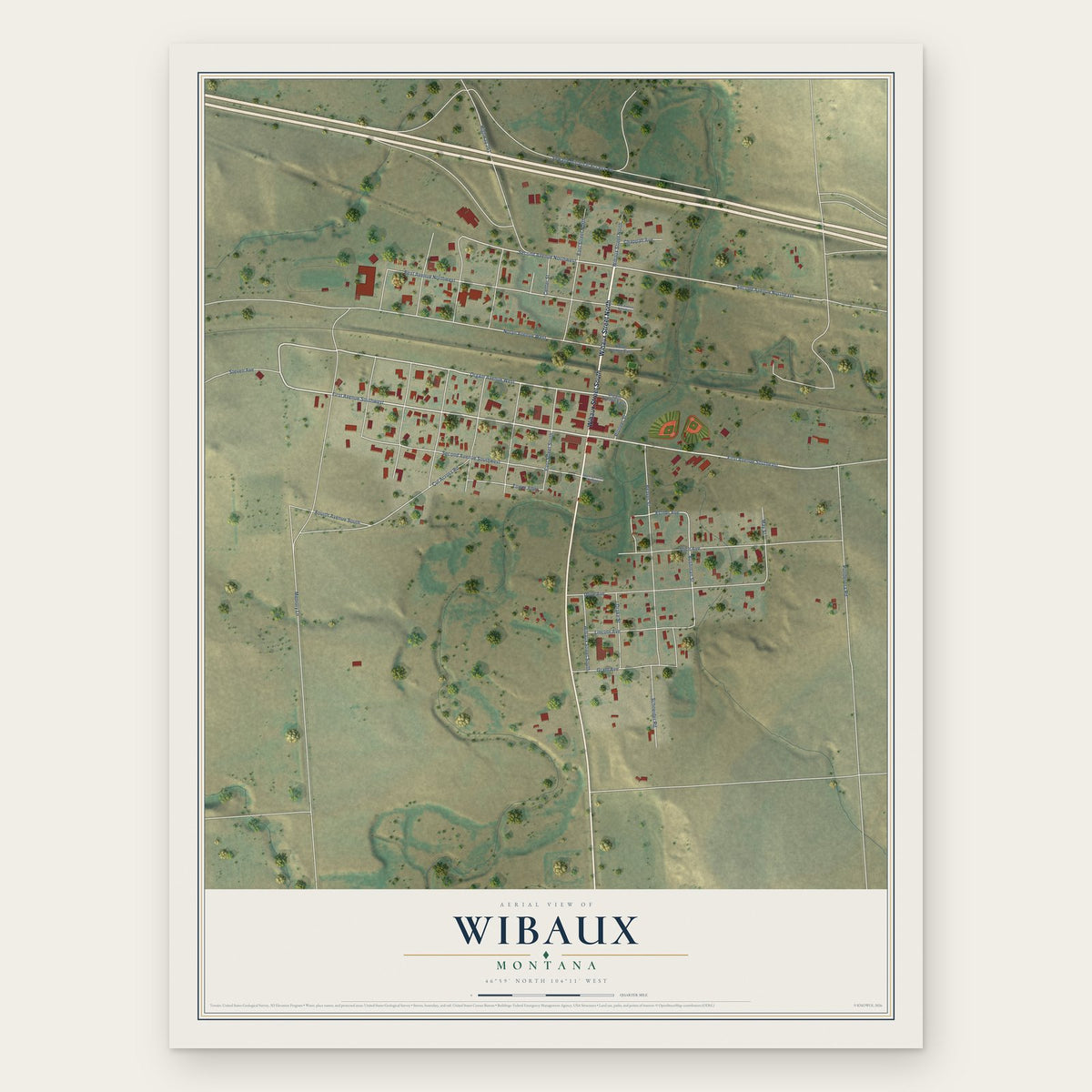 Wibaux, Montana map print, the full design