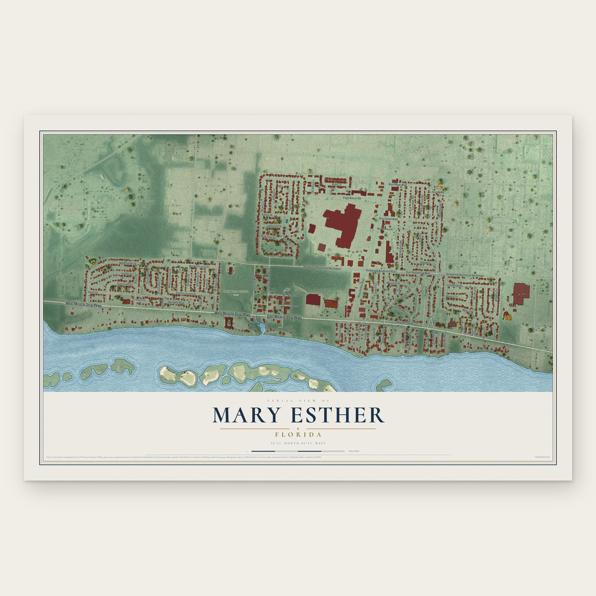 Mary Esther, Florida map print, the full design
