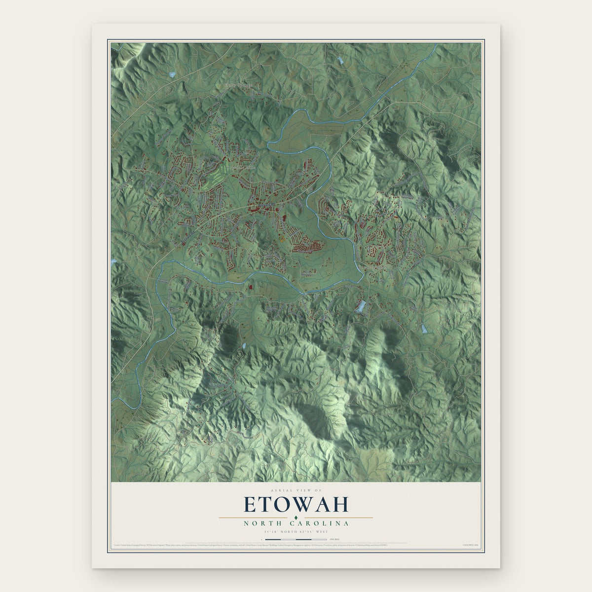 Etowah, North Carolina map print, the full design