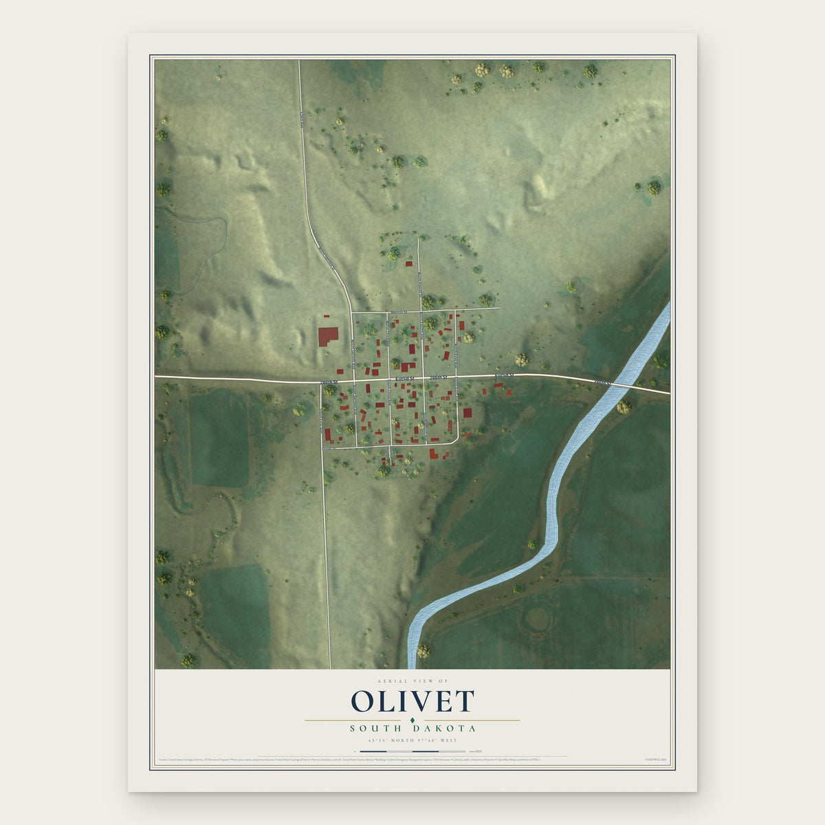 Olivet, South Dakota map print, the full design
