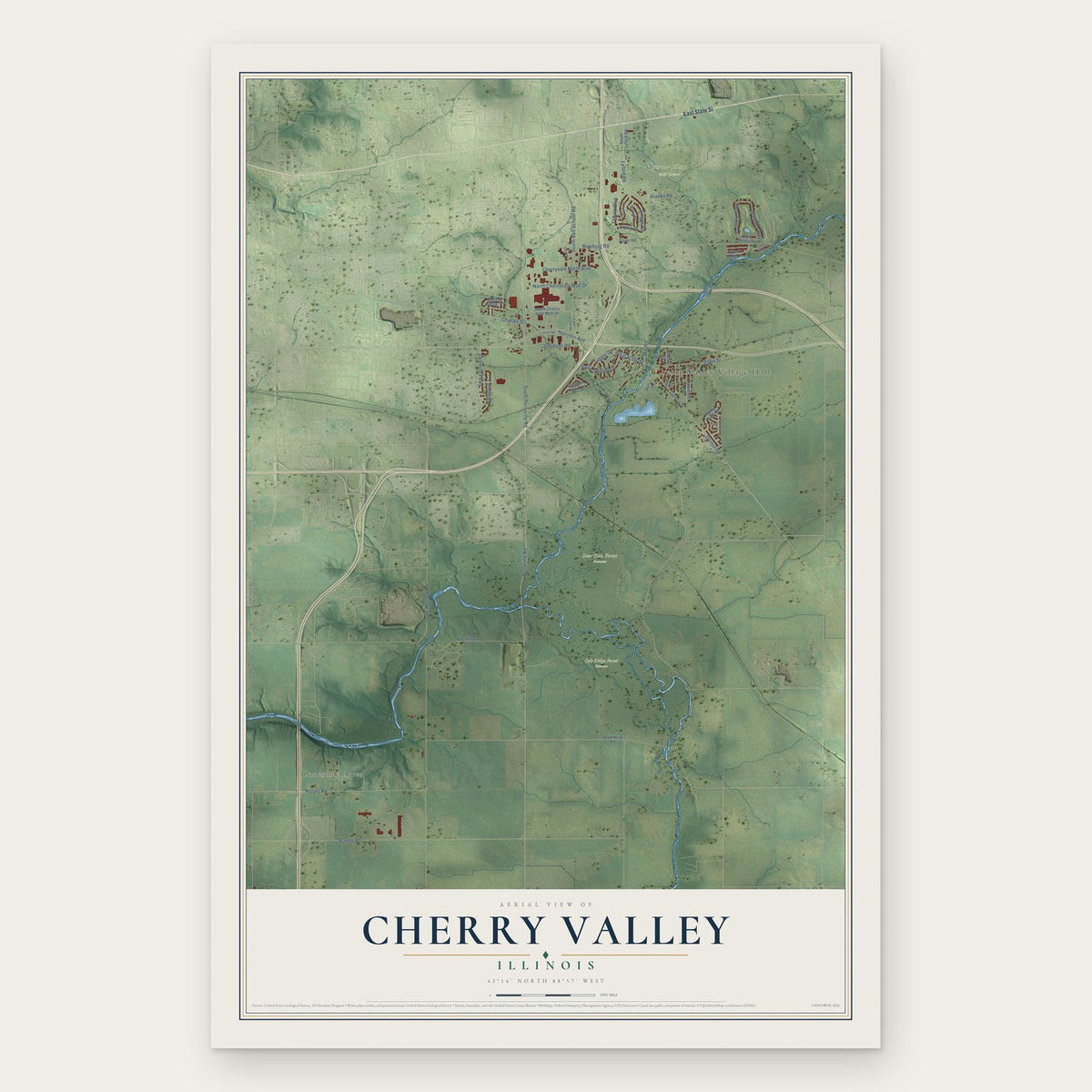 Cherry Valley, Illinois map print, the full design