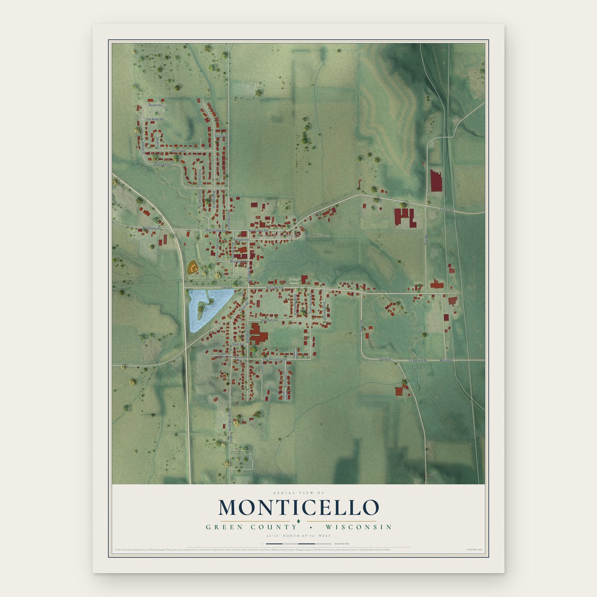 Monticello, Green County, Wisconsin map print, the full design