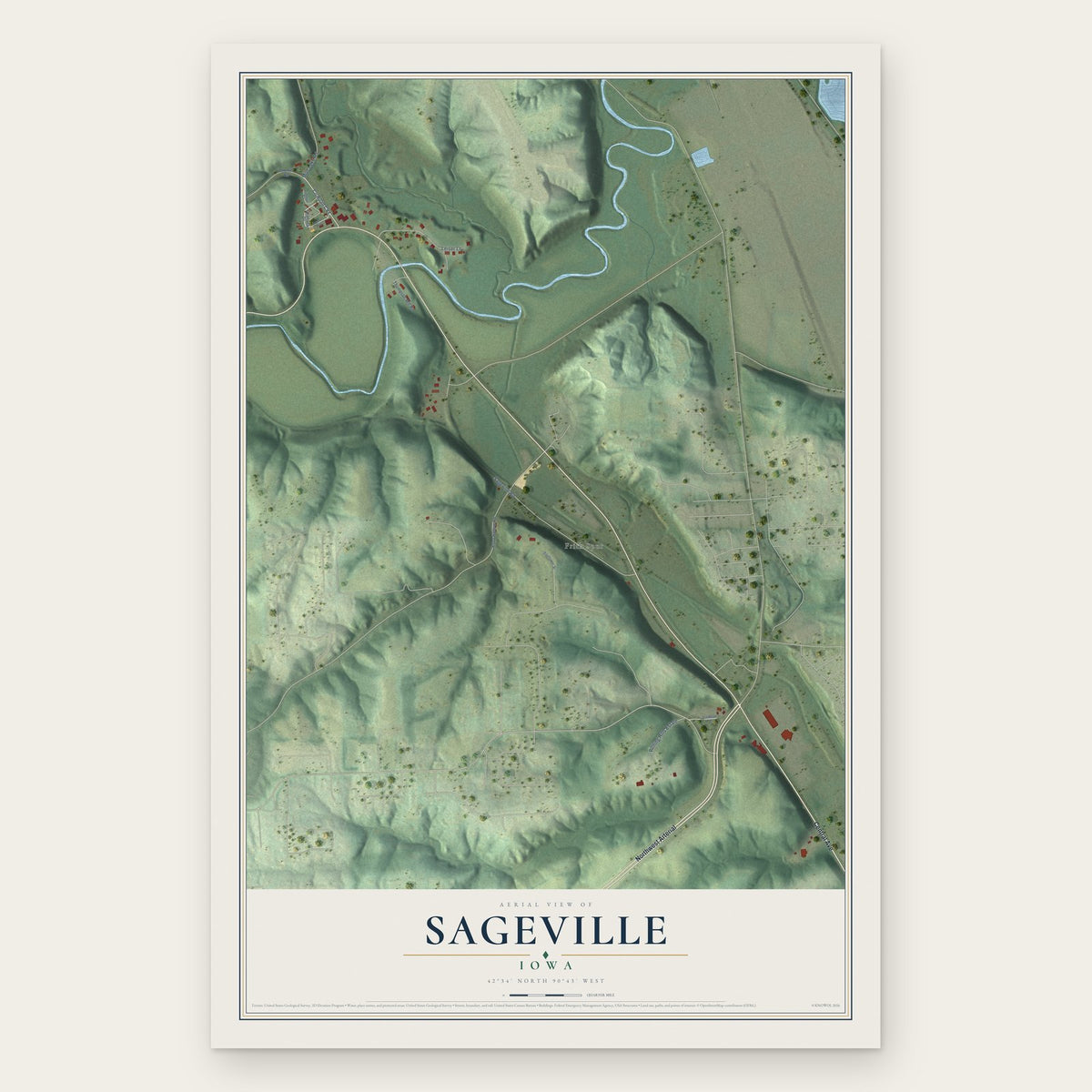 Sageville, Iowa map print, the full design