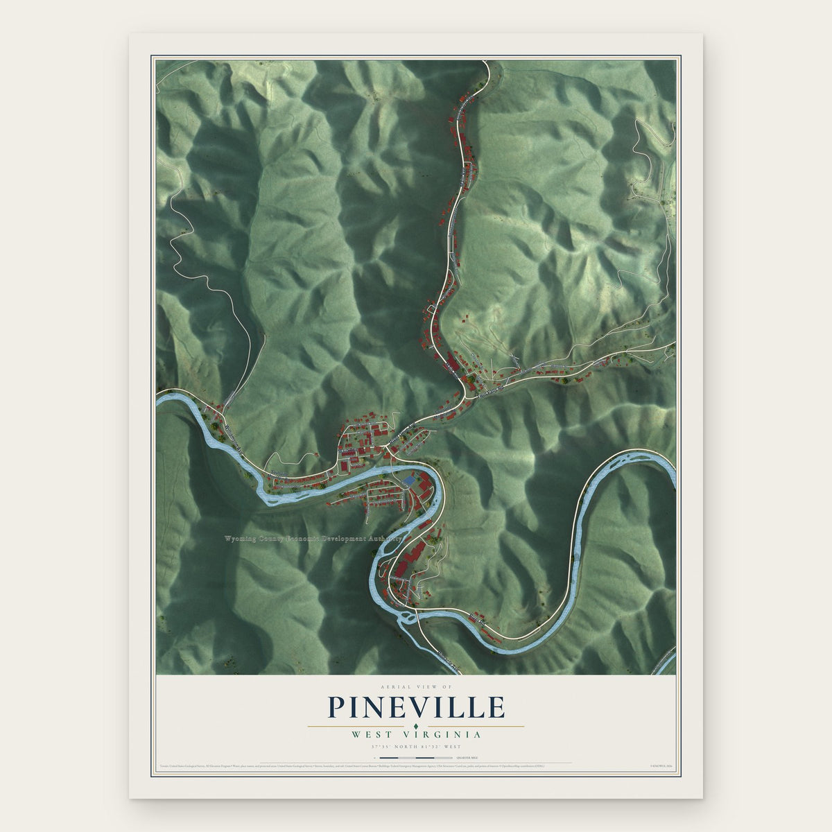 Pineville, West Virginia map print, the full design