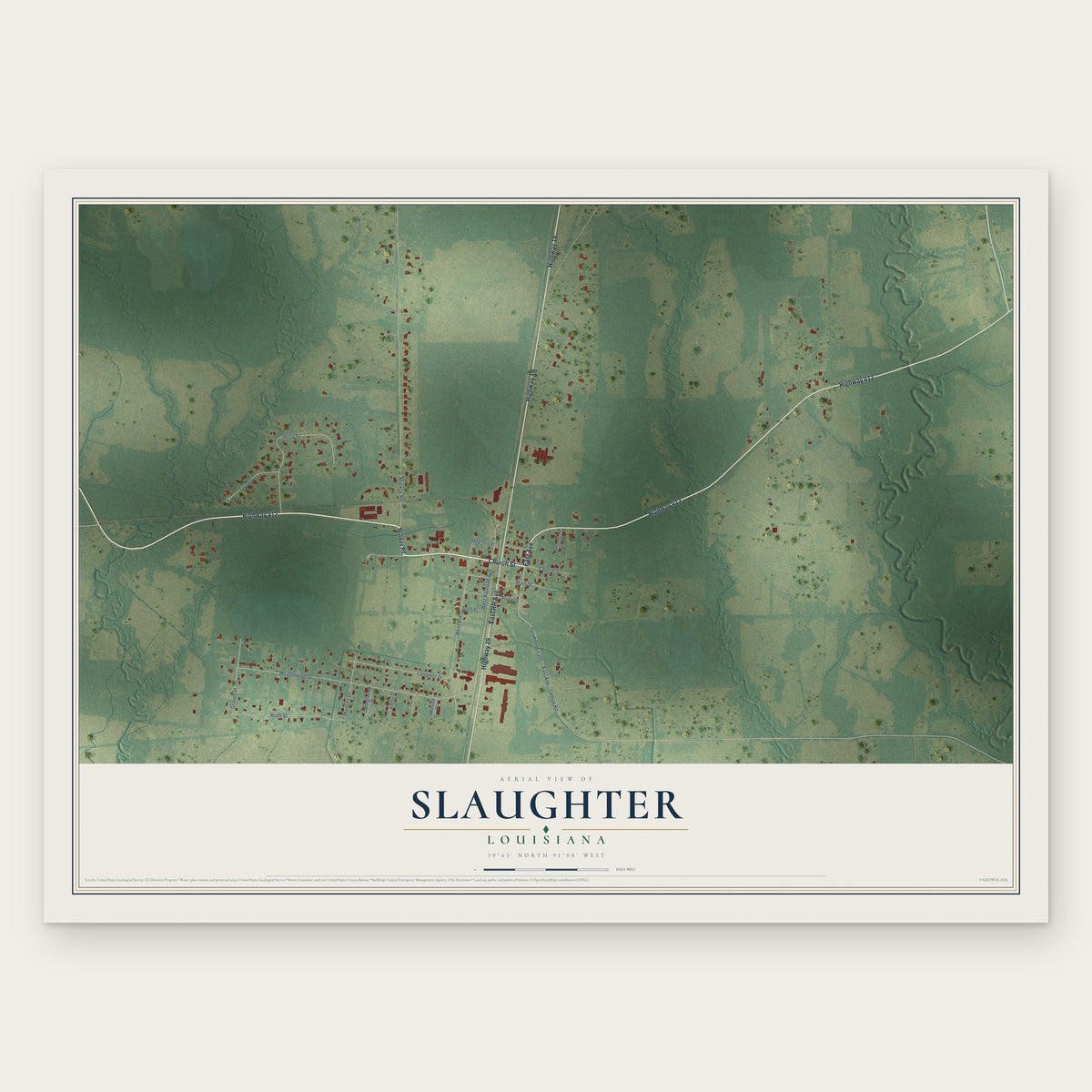 Slaughter, Louisiana map print, the full design