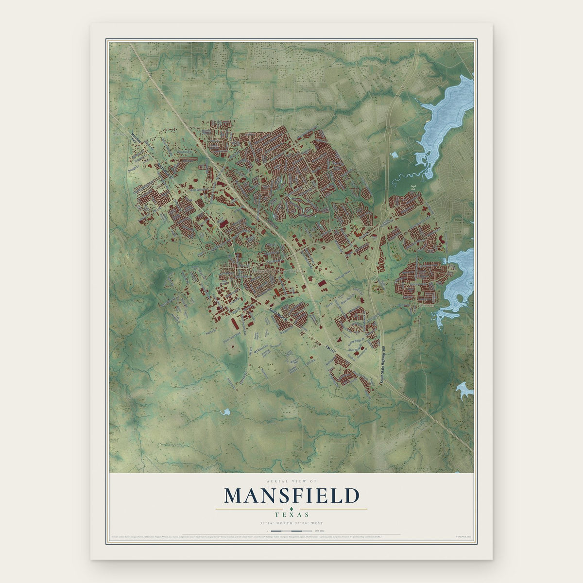 Mansfield, Texas map print, the full design
