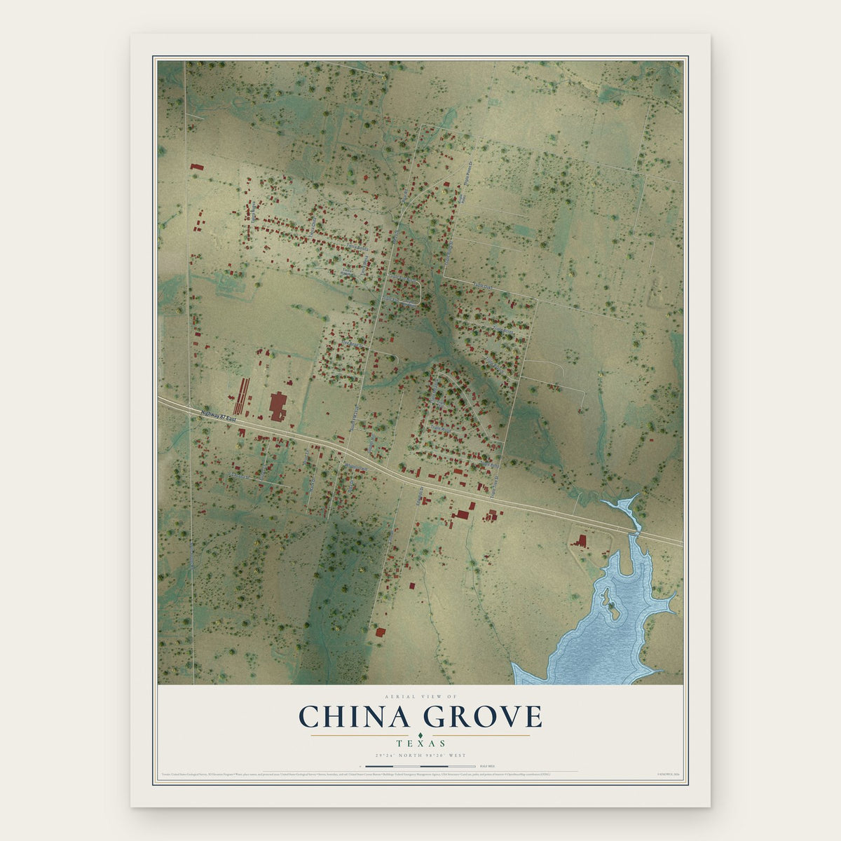 China Grove, Texas map print, the full design