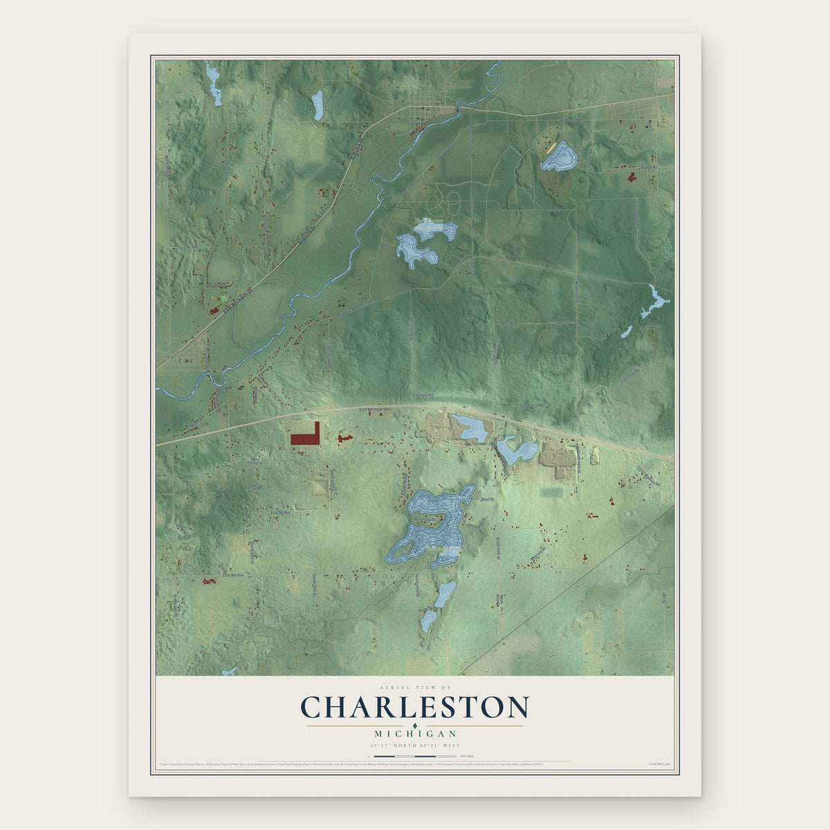 Charleston, Michigan map print, the full design
