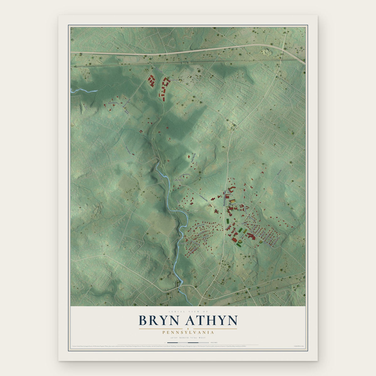 Bryn Athyn, Pennsylvania map print, the full design