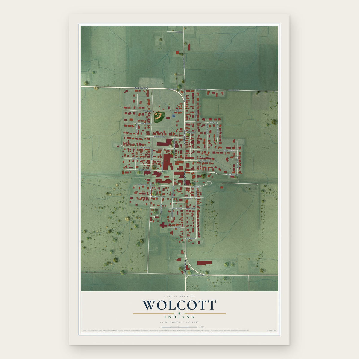 Wolcott, Indiana map print, the full design