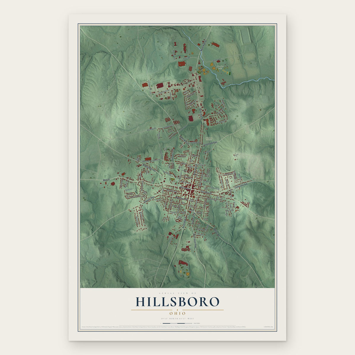 Hillsboro, Ohio map print, the full design