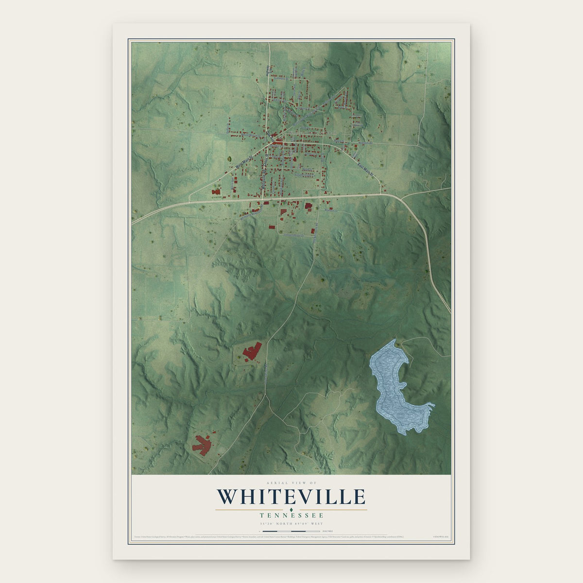 Whiteville, Tennessee map print, the full design