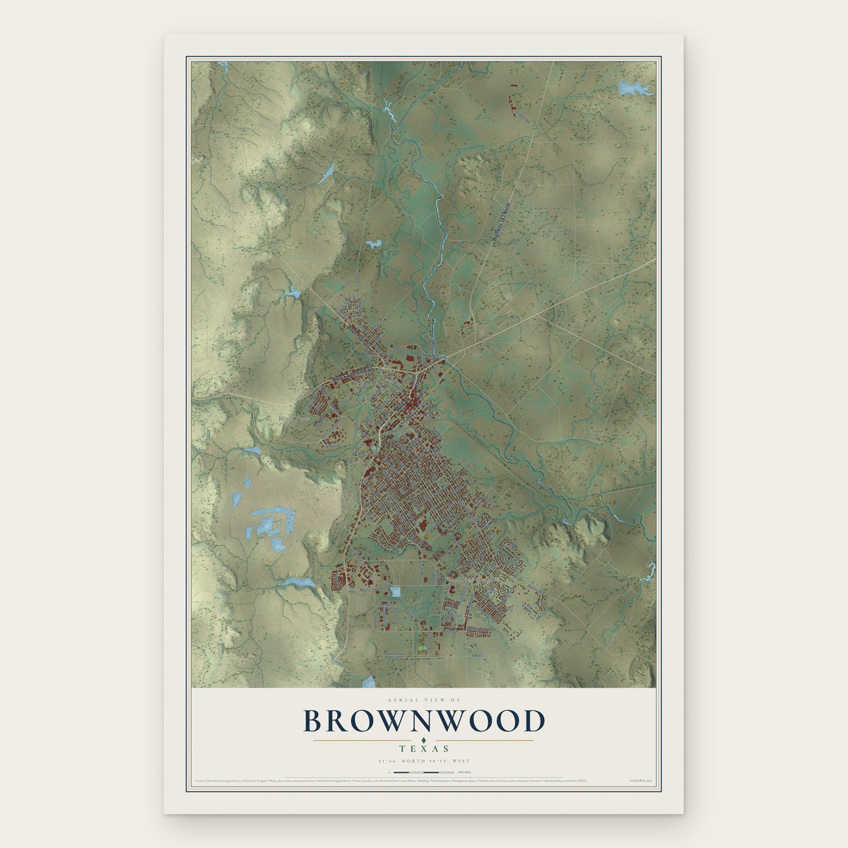 Brownwood, Texas map print, the full design