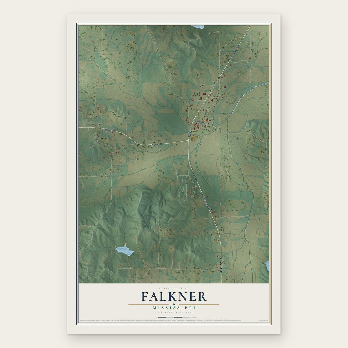Falkner, Mississippi map print, the full design