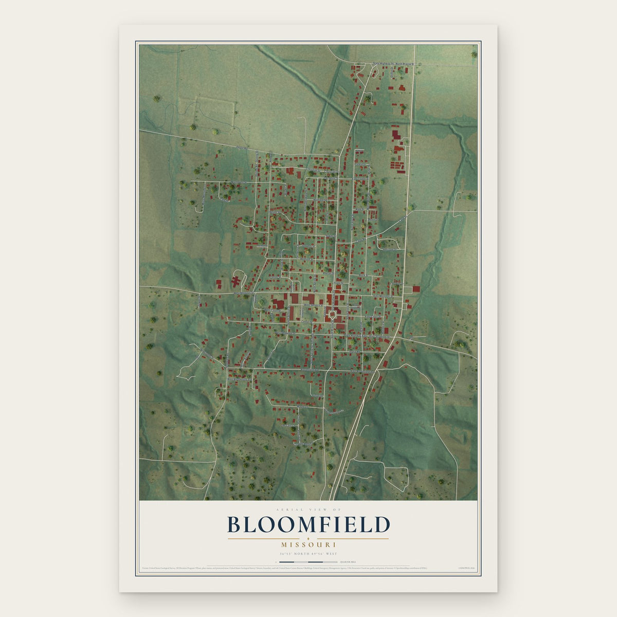 Bloomfield, Missouri map print, the full design