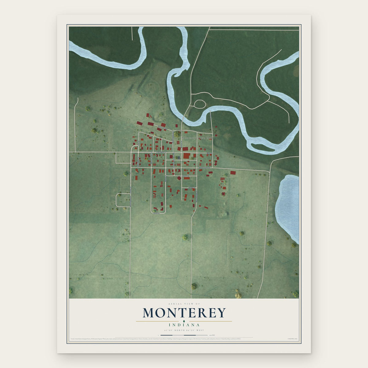 Monterey, Indiana map print, the full design