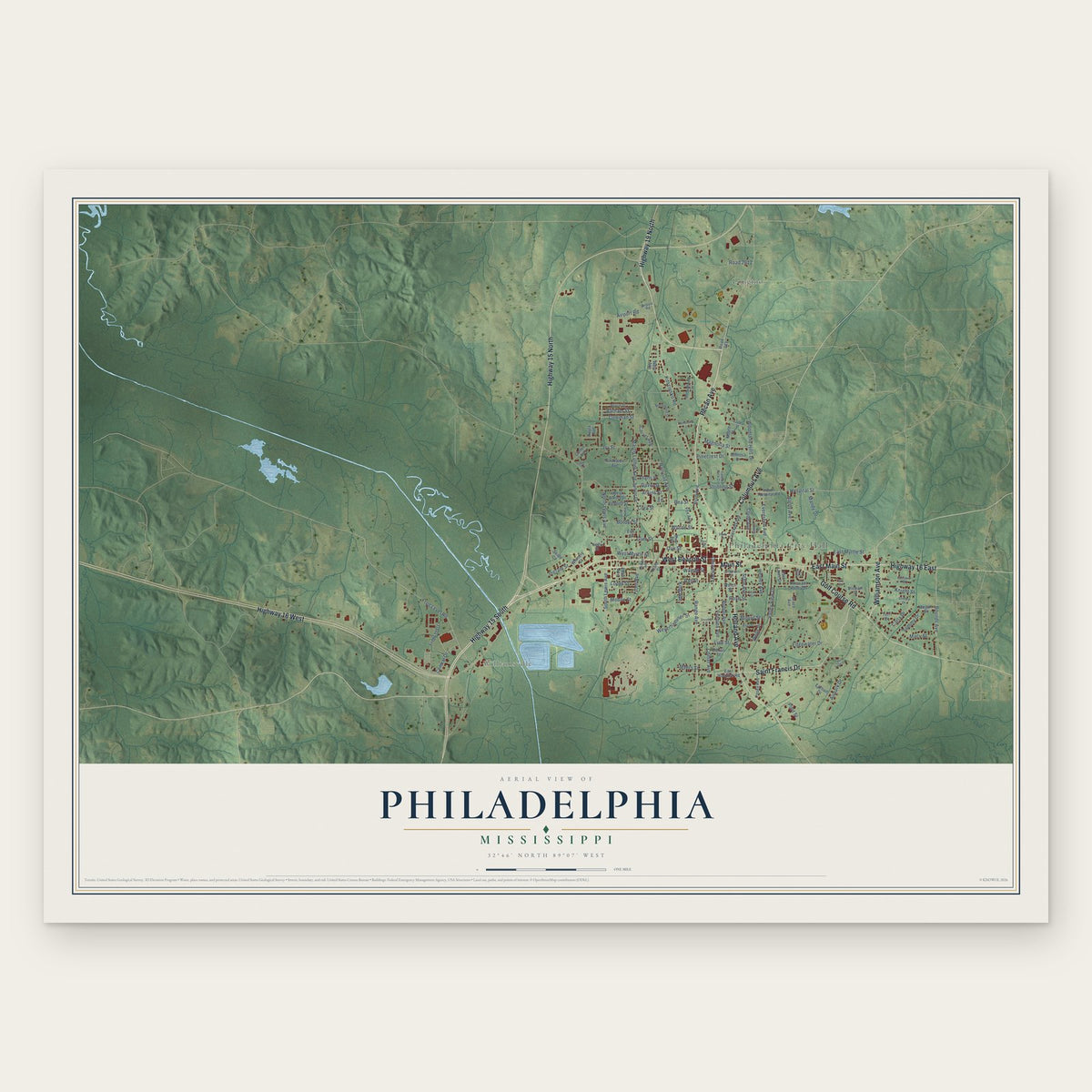 Philadelphia, Mississippi map print, the full design