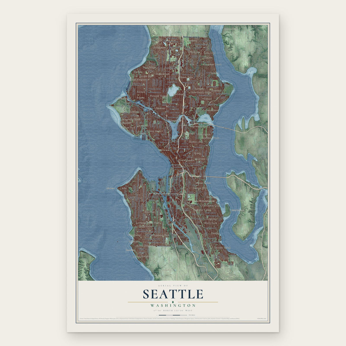 Seattle, Washington map print, the full design