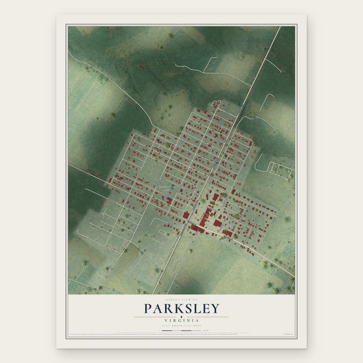Parksley, Virginia map print, the full design