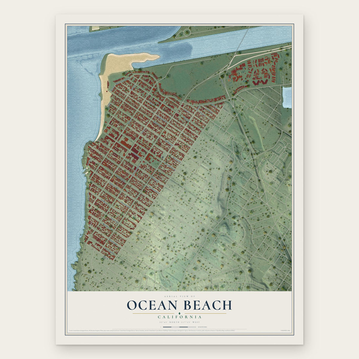 Ocean Beach, California map print, the full design