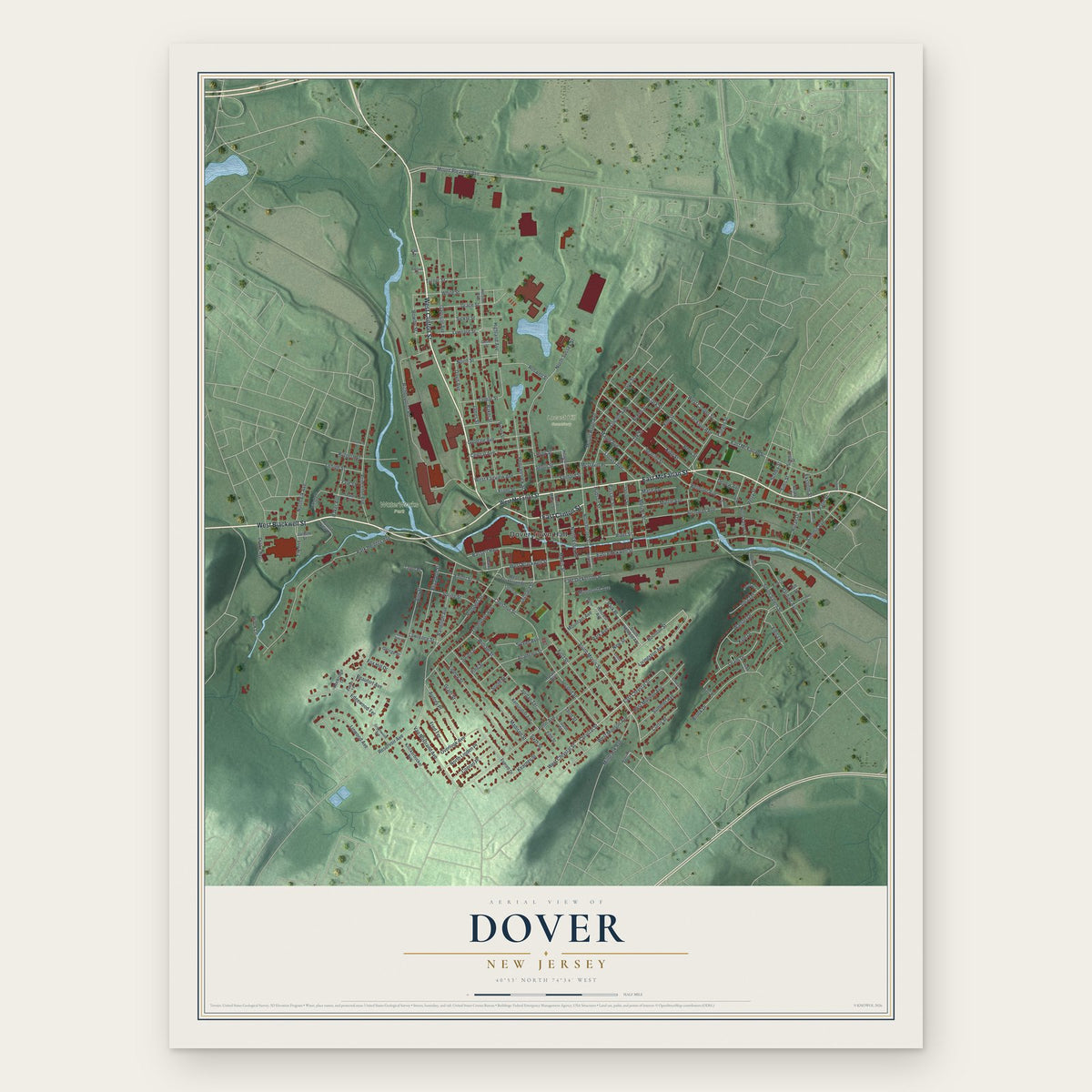 Dover, New Jersey map print, the full design