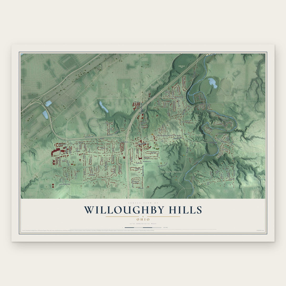 Willoughby Hills, Ohio map print, the full design