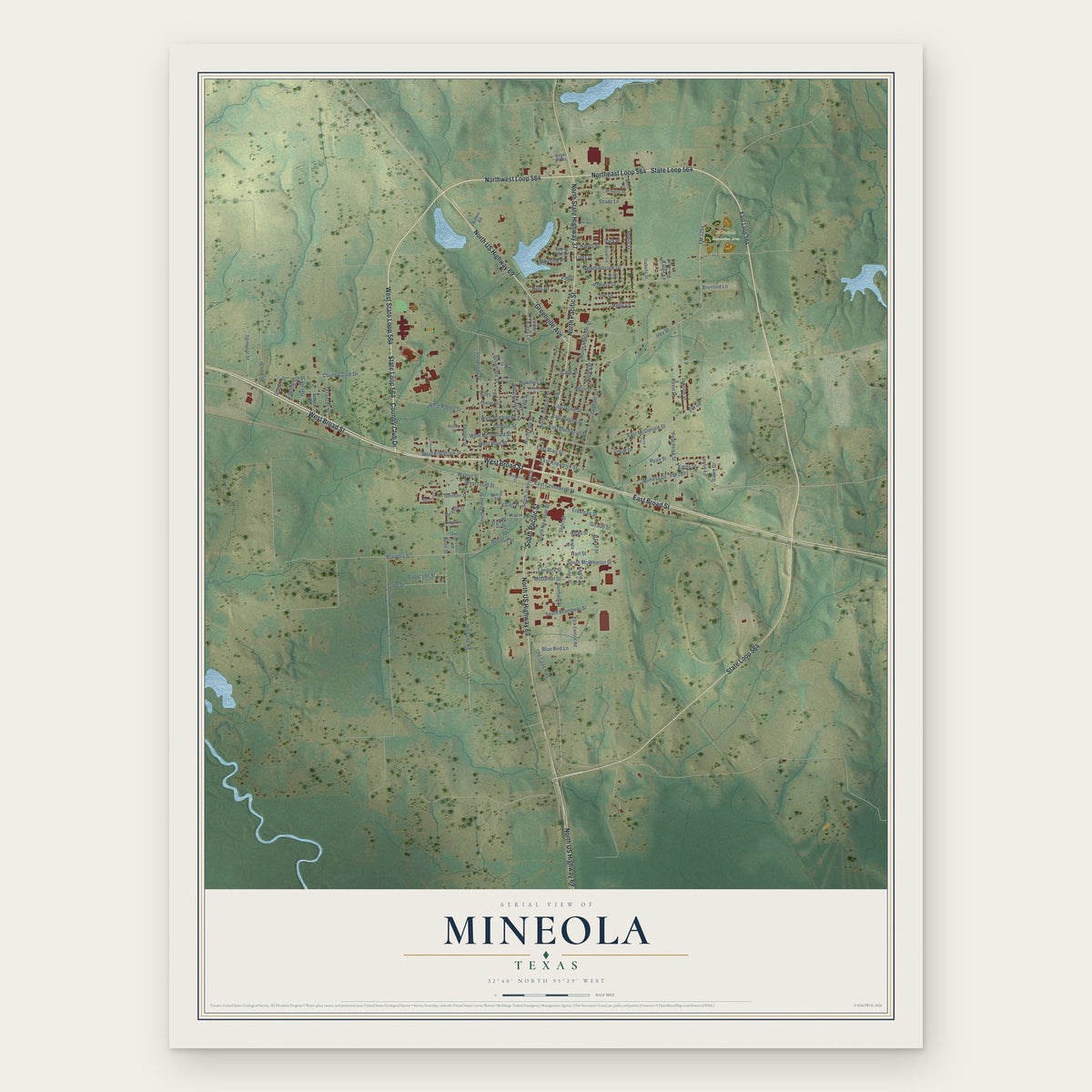 Mineola, Texas map print, the full design