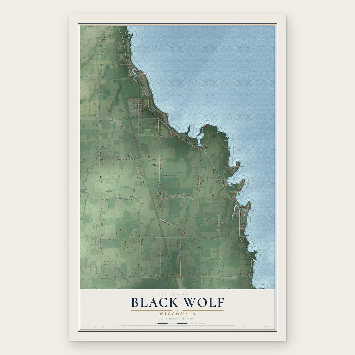 Black Wolf, Wisconsin map print, the full design