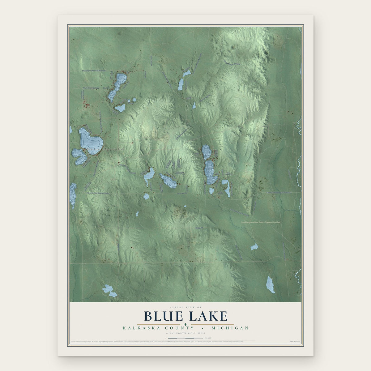 Blue Lake, Kalkaska County, Michigan map print, the full design
