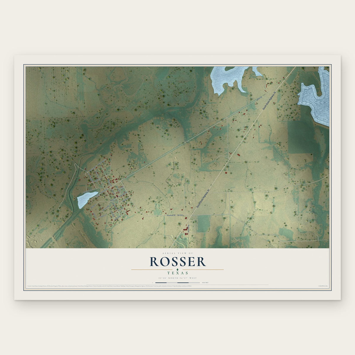 Rosser, Texas map print, the full design