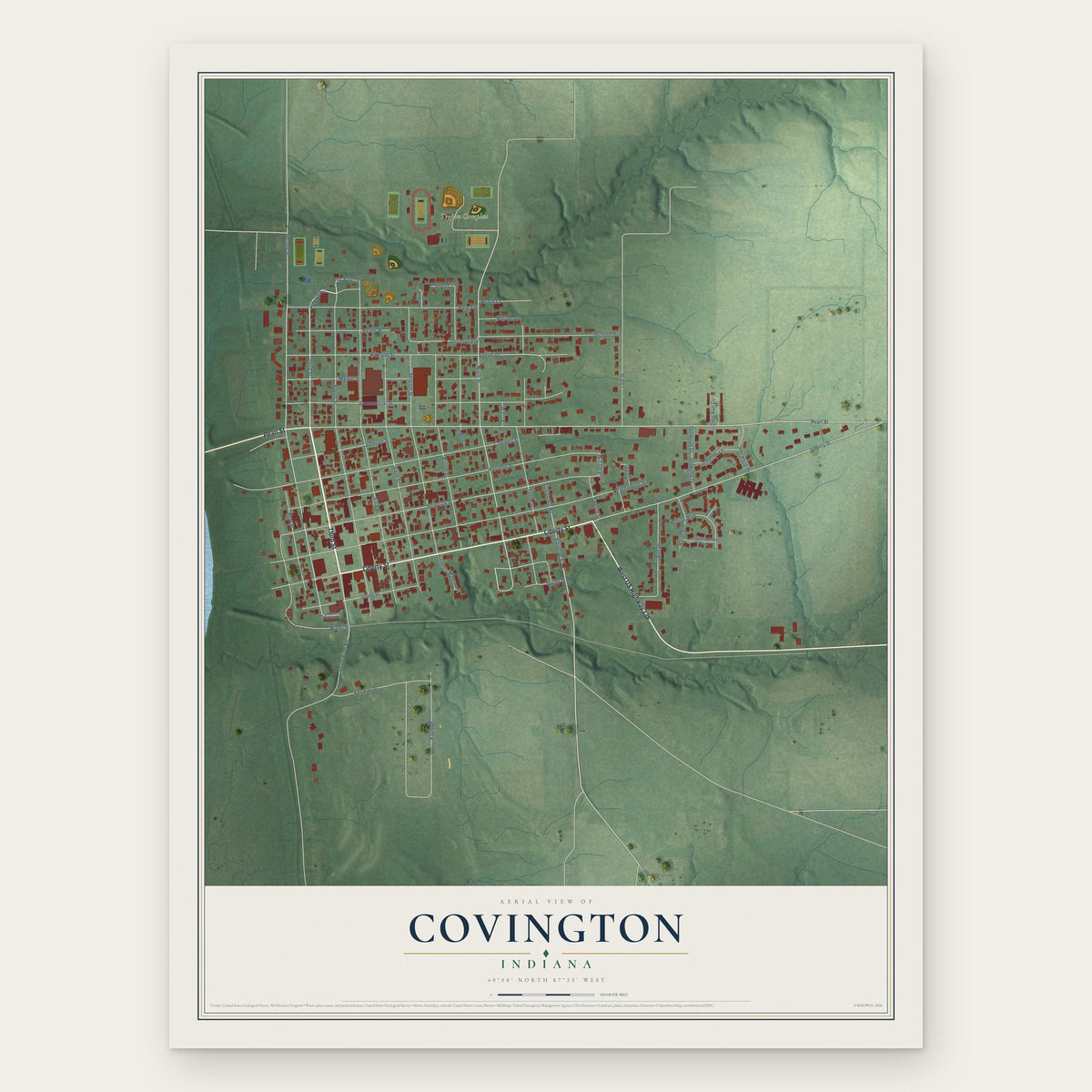 Covington, Indiana map print, the full design