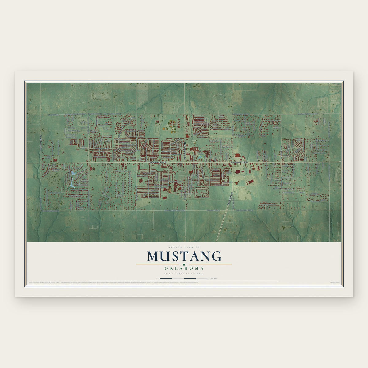 Mustang, Oklahoma map print, the full design