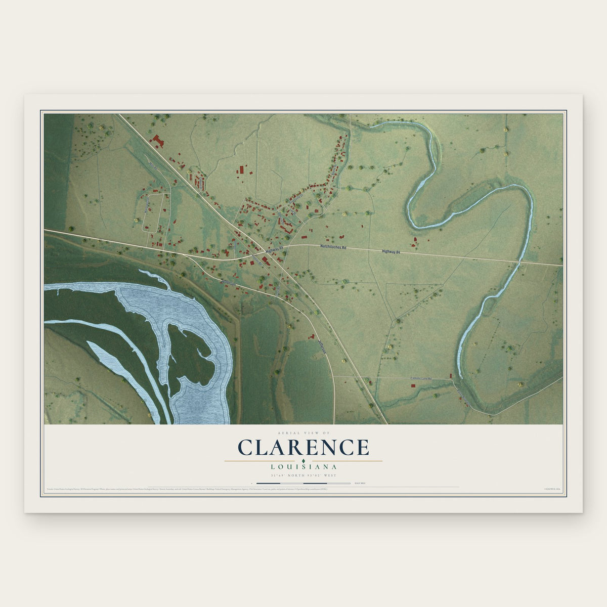 Clarence, Louisiana map print, the full design