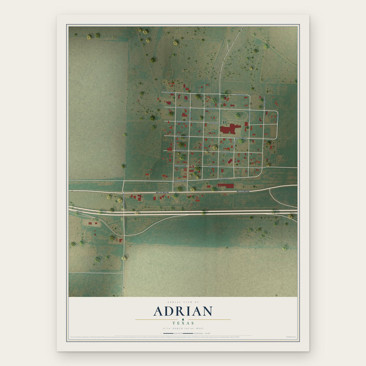 Adrian, Texas map print, the full design
