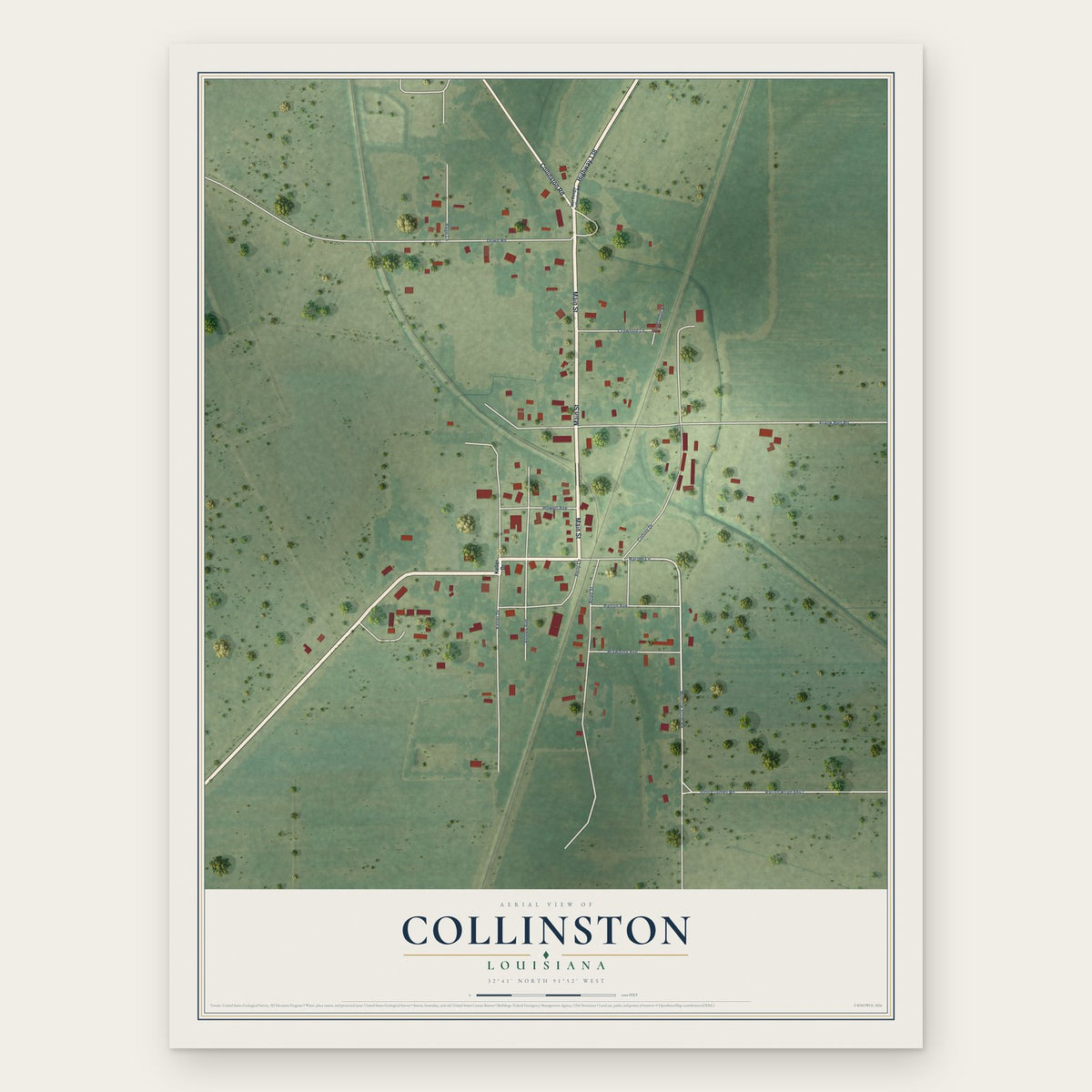 Collinston, Louisiana map print, the full design