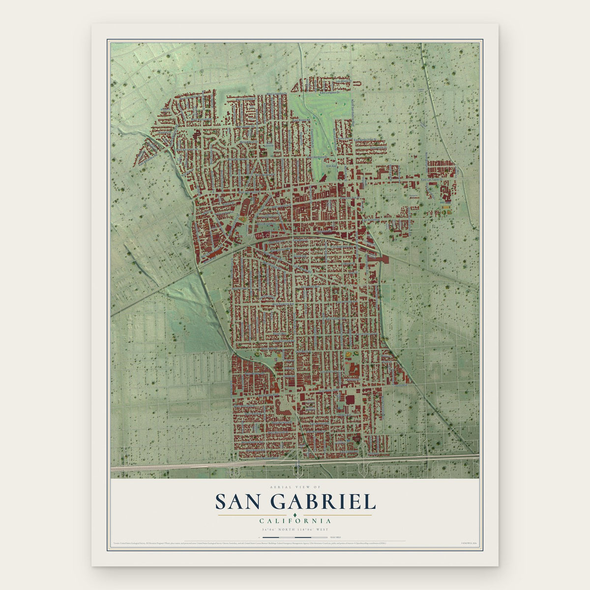 San Gabriel, California map print, the full design