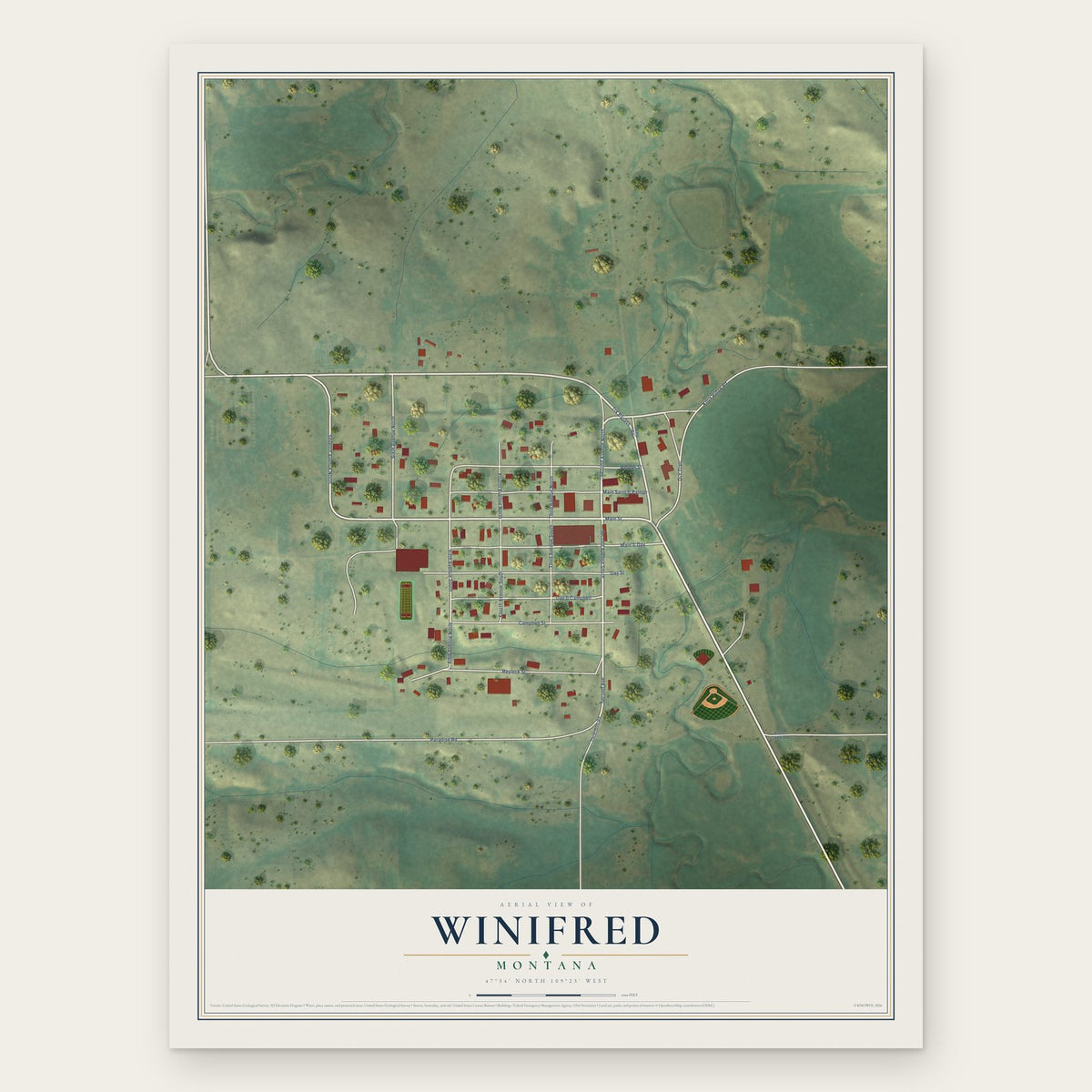 Winifred, Montana map print, the full design